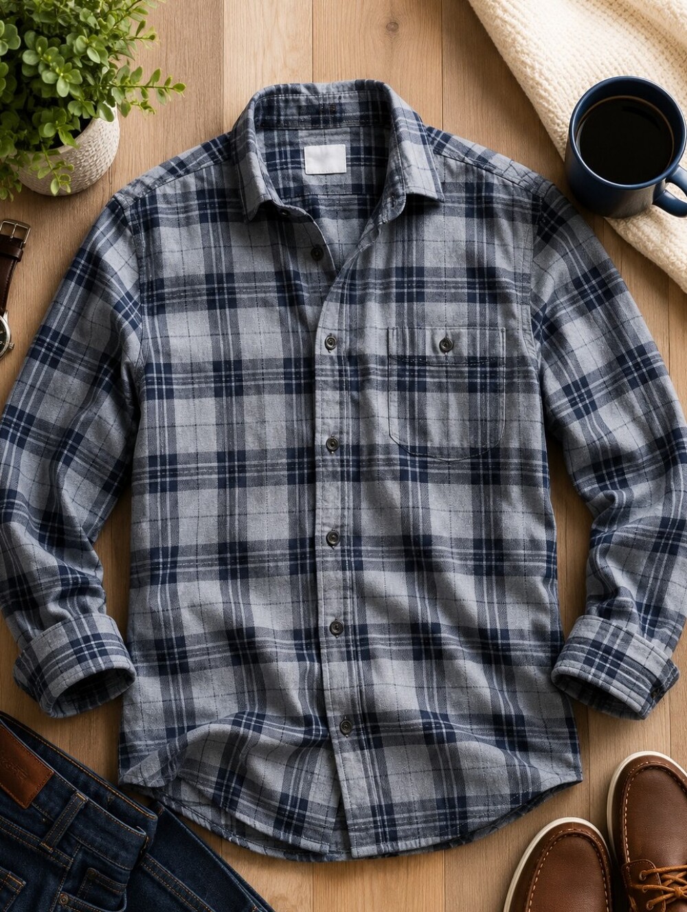 Goodfellow & Co Men’s Plaid Button-Up Flannel Shirt – Gray & Navy (XL)